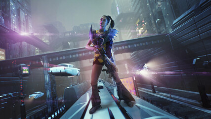 Afbeelding in Cyberpunk-stijl, mooie brunette krijger