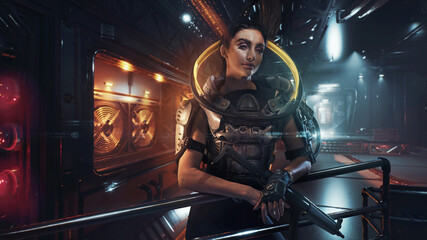 Cyberpunk style image , beautiful brunette warrior