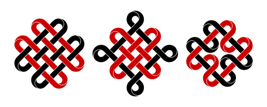 Set of celtic, chinese auspicious knots and quadruple Solomon knot made of intertwined mobius stripes. Stylized ancient traditional symbols for tattoo design. Vector isolated illustration.