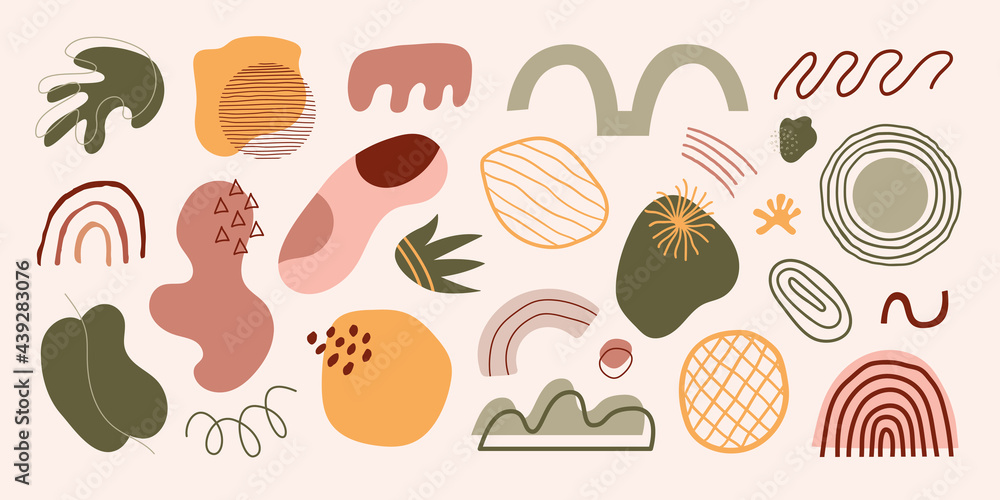 Aufkleber Vector set of abstract geometric shapes and objects . Trendy organic and minimalistic design for banner, cover, wallpaper, stories background. Horizontal background