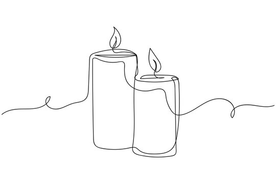 Continuous one line of candles in silhouette on a white background. Linear stylized.Minimalist. Christmas style