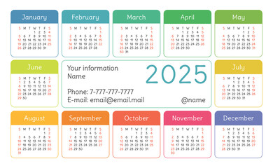 Calendar 2025 year. English colorful vector horizontal wall or pocket calender design template. New year. Week starts on Sunday