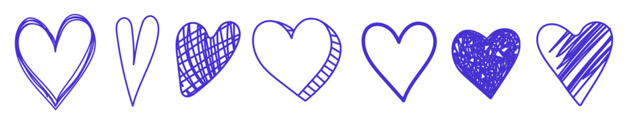 Heart sketch set. Blue cute cartoon icon. Doodle hand drawn symbols
