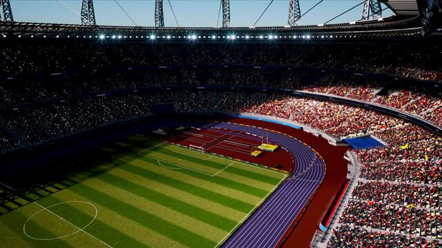 crowd fans wait soccer championship in stadium arena at day. High quality 4k footage