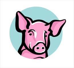 The head of a young pig or piglet in a circle. Illustration in the form of an emblem of the logo. Color sketch drawing.