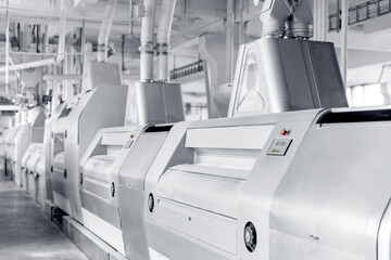 Modern automatic mill for production of white flour from wheat, rice, semolina. Industrial food...