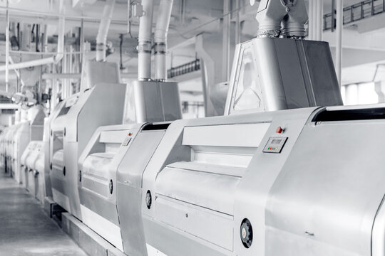 Modern automatic mill for production of white flour from wheat, rice, semolina. Industrial food industry