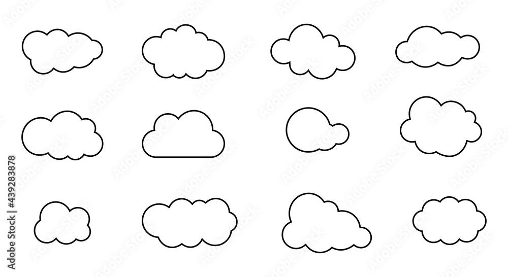 Aufkleber clouds icons. a set of simple, isolated elements. flat shapes, lines design. stroke signs for intern