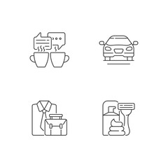 Daily activities linear icons set. Meeting over coffee with friends. Sedan car. Official clothes. Customizable thin line contour symbols. Isolated vector outline illustrations. Editable stroke - obrazy, fototapety, plakaty
