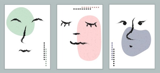 Human face. Set of abstract, minimalistic banners.
Simple style,
drawn line. Facial features, the image of a woman or a man. Poster design.Vector illustration.