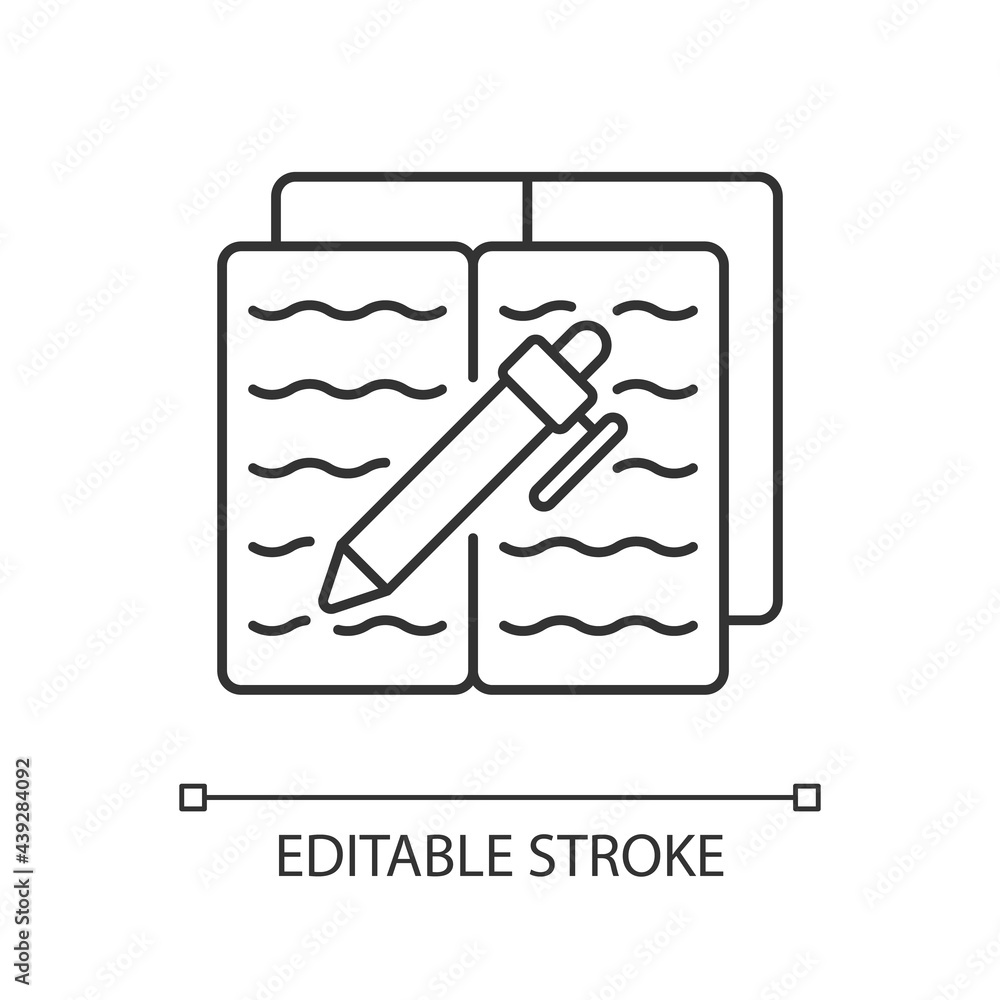 Poster homework linear icon. textbook with text and pen for writing. notebook with school report. thin line