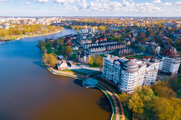 Aerial view city Kaliningrad Russia summer sunny day park lake
