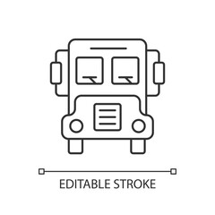 School bus linear icon. Transportation for students. Automobile to drive pupils. Transit for kids. Thin line customizable illustration. Contour symbol. Vector isolated outline drawing. Editable stroke