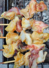 Obraz na płótnie Canvas Sliced squid topped with seasoning sauce skewered are ready to grill on the stove. Fresh squid skewers for barbecue.