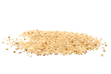 Chopped up peanuts pile isolated on white background
