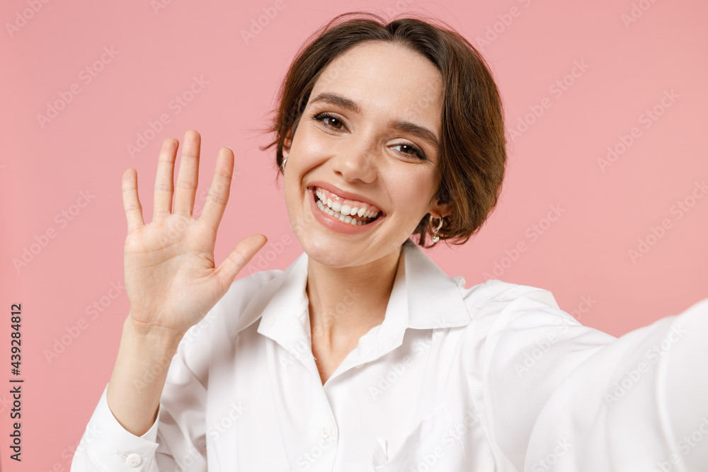 Wall mural close up friendly young employee business woman corporate lawyer in classic formal white shirt work 