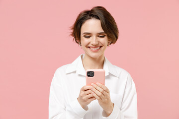 Happy smiling young employee business woman corporate lawyer in classic formal white shirt work in...