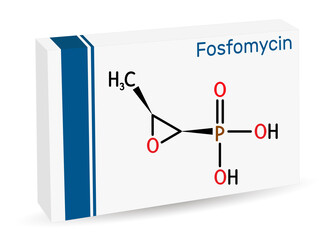 Fosfomycin, phosphomycin, phosphonomycin molecule. It is synthetic antibiotic with antimicrobial, bactericidal properties. Paper packaging for drugs