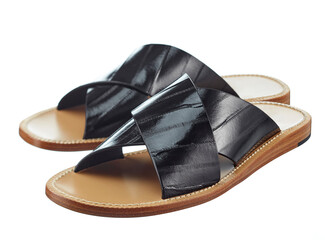 Men's summer sandals made of black crocodile leather with a low sole, isolated on a white...