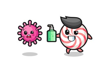 illustration of candy character chasing evil virus with hand sanitizer