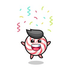 happy candy mascot jumping for congratulation with colour confetti