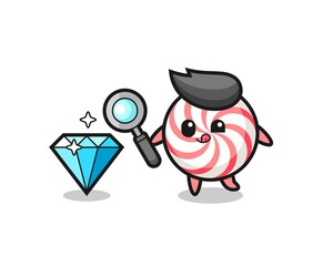 candy mascot is checking the authenticity of a diamond