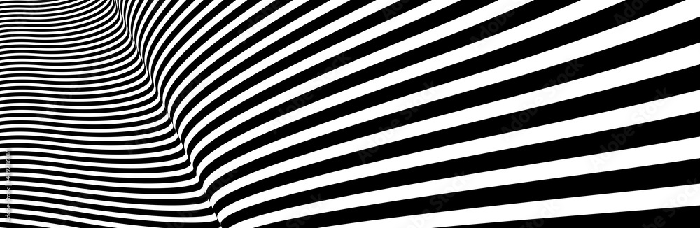 Poster op art distorted perspective black and white lines in 3d motion abstract vector background, optical 