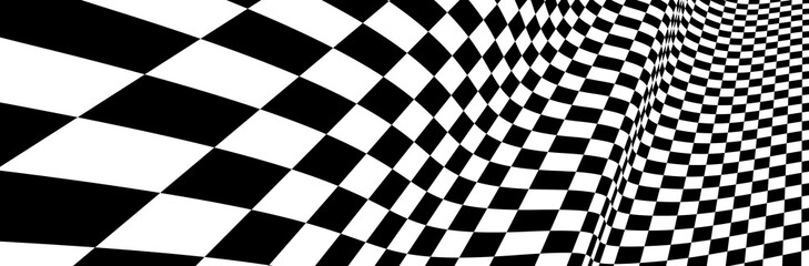 Obraz premium Checker pattern mesh in 3d dimensional perspective vector abstract background, formula 1 race flag texture, black and white checkered illustration.