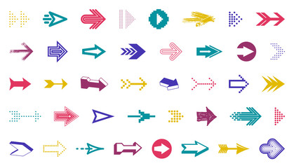 Diverse arrow cursors vector set, different shapes styles and concepts arrows single color monochrome graphic design elements for icons or logos.