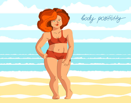 Plus size attractive and sexy woman posing at the beach in front of the sea, vector illustration concept of body positivity health and happiness, love your body idea.