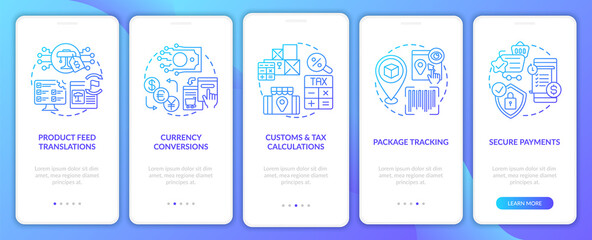 Worldwide e-marketplace service onboarding mobile app page screen. Secure payments walkthrough 5 steps graphic instructions with concepts. UI, UX, GUI vector template with linear color illustrations