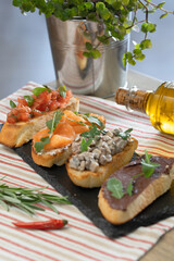 Traditional spanish tapas set. Italian appetizer bruschetta. 