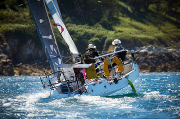 couple sailing at regatta near coast