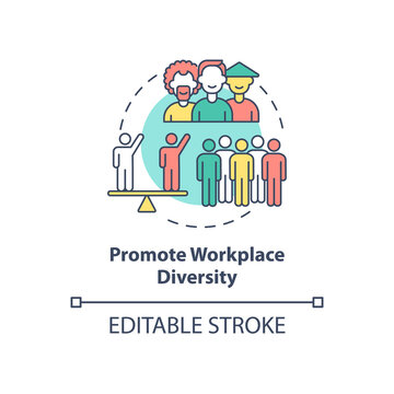 Promote Workplace Diversity Concept Icon. Racism At Work Abstract Idea Thin Line Illustration. Fighting Against White Supremacy. Vector Isolated Outline Color Drawing. Editable Stroke