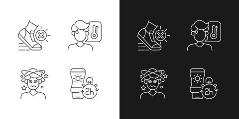 Heatstroke prevention linear icons set for dark and light mode. Avoid exercising during summer heatwave. Customizable thin line symbols. Isolated vector outline illustrations. Editable stroke