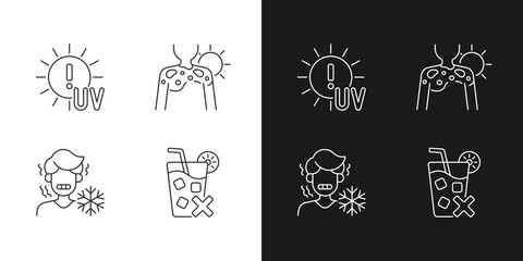 Sunburn risk linear icons set for dark and light mode. UV rays exposure risk. Chills from heatstroke. Customizable thin line symbols. Isolated vector outline illustrations. Editable stroke
