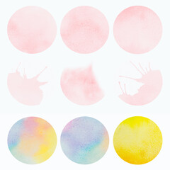 Bright watercolor painting of pink blue yellow, brush stroke ink, splash stain circle, abstract background.