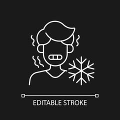 Chills white linear icon for dark theme. Man shiver from cold. Person in cool weather. Thin line customizable illustration. Isolated vector contour symbol for night mode. Editable stroke