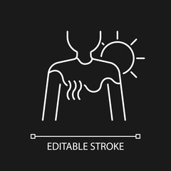 Sunburn white linear icon for dark theme. Person under sunlight exposure. Irritation on skin. Thin line customizable illustration. Isolated vector contour symbol for night mode. Editable stroke