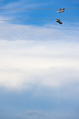 Shoes hang on wires, sneakers are thrown on wires and hang on them holding on to the laces.