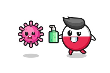 illustration of poland flag badge character chasing evil virus with hand sanitizer