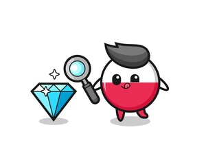 poland flag badge mascot is checking the authenticity of a diamond