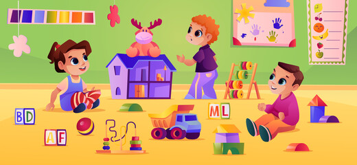 Obraz na płótnie Canvas Boys and girl playing toys at kindergarten or daycare. Children with doll house and cubes for developing skills, education and studying, learning games. Cartoon character, vector in flat style