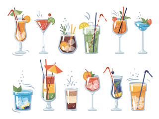 Beverages and drinks in bars and restaurants. Isolated cocktails alcoholic and non-alcoholic, glasses and decorative straws. Orange slices and strawberry pieces. Vector in flat cartoon style