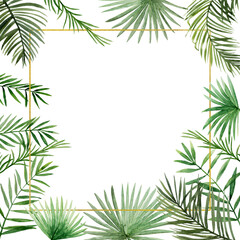 Fototapeta na wymiar Green palm leaves golden frame. Tropical twigs, branches wreath. Jungle florals. Watercolor free-hand illustration for postcard, invitation, banner, event flyer, poster, presentation, menu, lifestyle