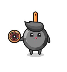 illustration of an frying pan character eating a doughnut