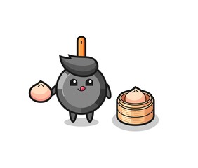 Fototapeta premium cute frying pan character eating steamed buns