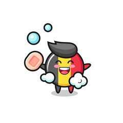belgium flag badge character is bathing while holding soap