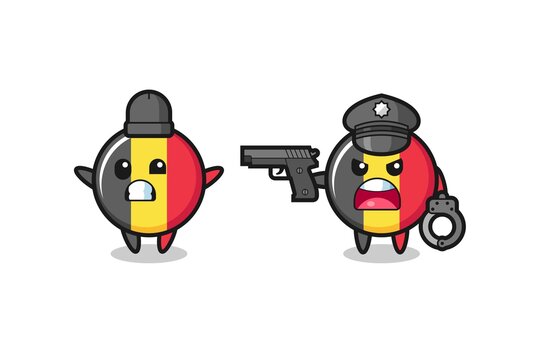 illustration of belgium flag badge robber with hands up pose caught by police
