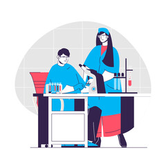 Chemical laboratory web concept. Scientists testing at microscope. Scientific research people scene. Flat characters design for website. Vector illustration for social media promotional materials